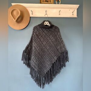 Handmade Crochet Gray Chunky Cowl Neck Boho Poncho With Fringe OS